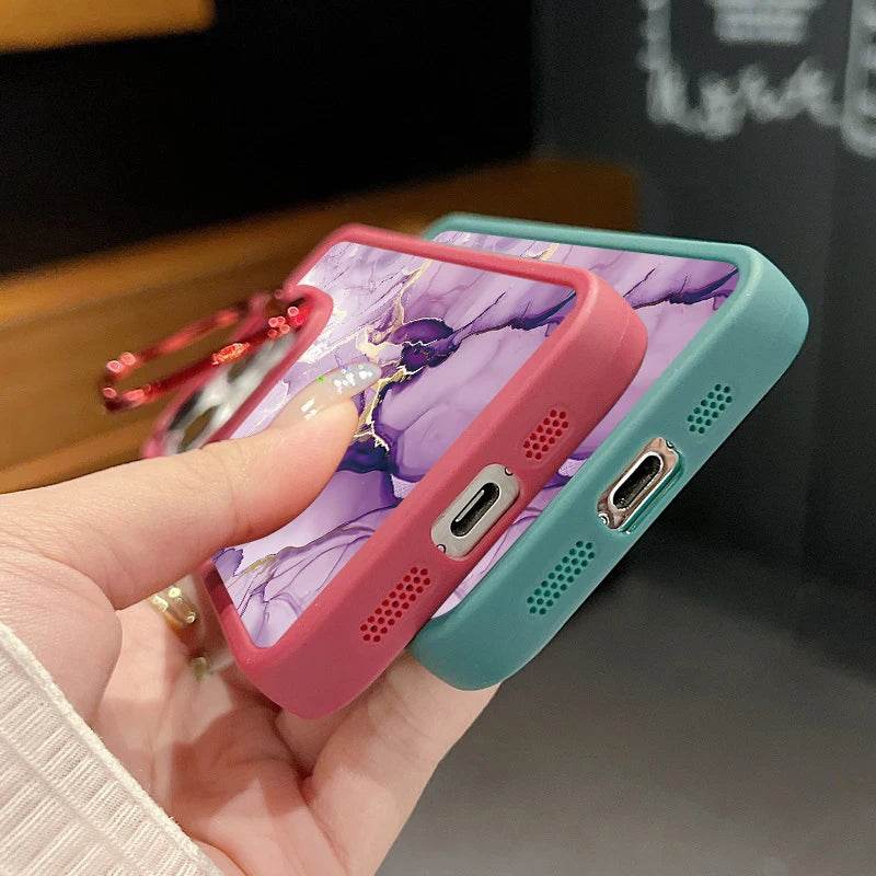 Cute Phone Cases For iPhone 16, 15 Pro Max, 14, 15 Plus, 13, 12 Pro Max, 11 - Lens Frame Holder - Purple Marble Printed Cover - PC6120 - Touchy Style