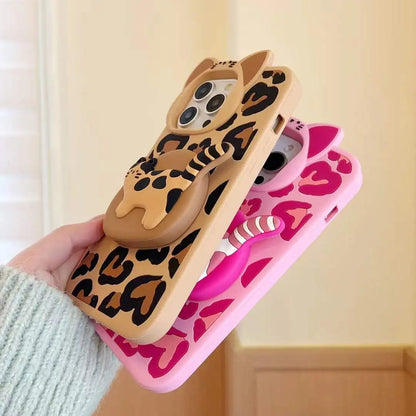 Cute Phone Cases - 3D Heart Leopard and Printed Cat Bracket - Cat Ears Kitten Camera Protection Cover - IC5021