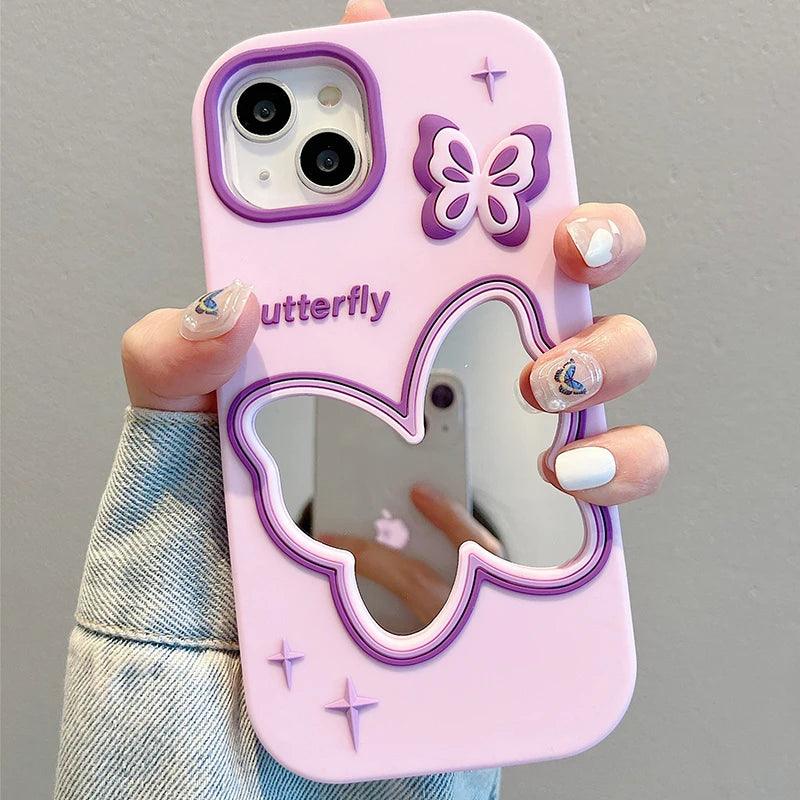 Cute Phone Cases For iPhone 11, 12, 13, 14, or 15 Pro Max - Purple Butterfly Makeup Mirror - Soft Cover - TSP254