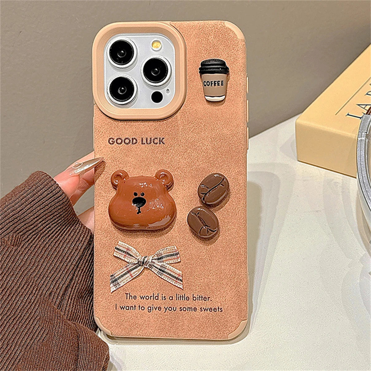 Cute Phone Cases For iPhone 13, 14, 15, and 16 Pro Max -  Cartoon 3D Bear, Coffee, and Bow Design - TSP444