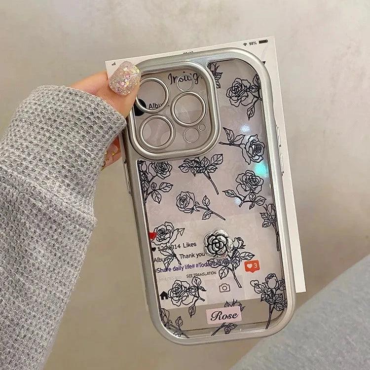 Cute Phone Cases: 3D Black Rose Flowers Silver Bumper Clear Back Cover for iPhone 11-15 Pro Max - TSP312