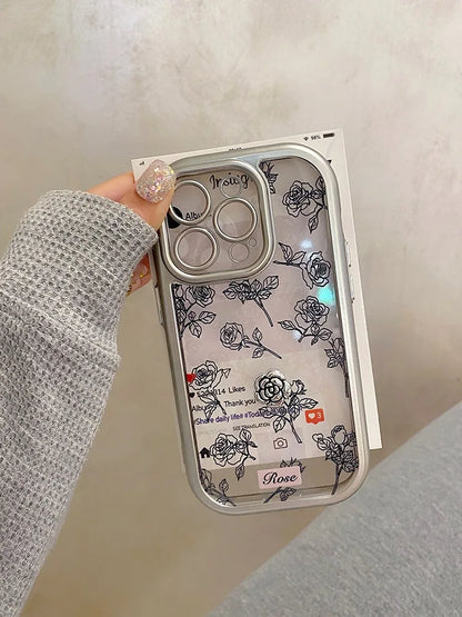 Cute Phone Cases: 3D Black Rose Flowers Silver Bumper Clear Back Cover for iPhone 11-15 Pro Max - TSP312