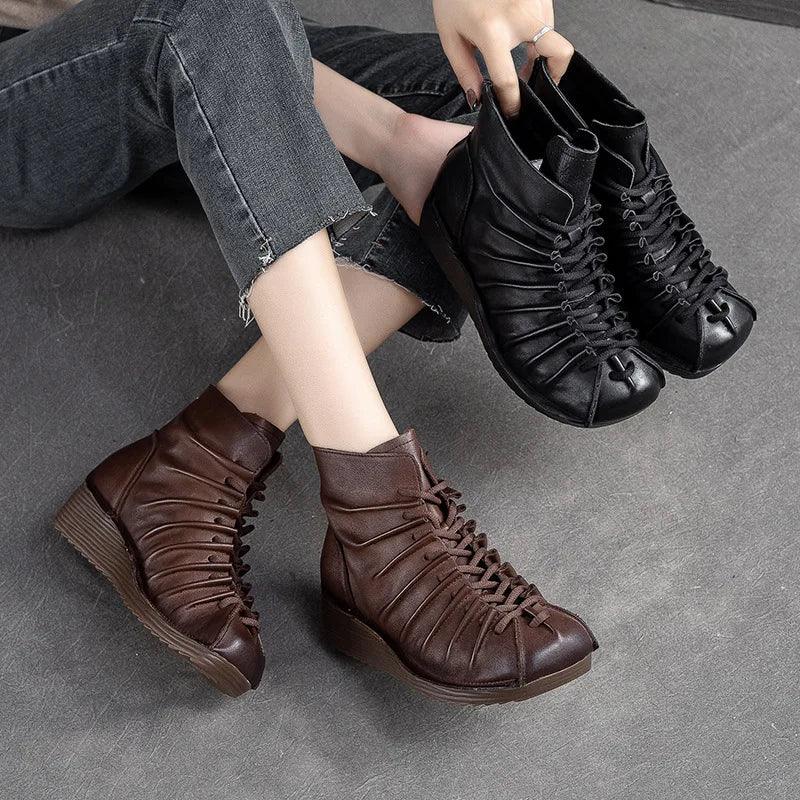 Leather Wedge Heels - Ankle Boots - Women&