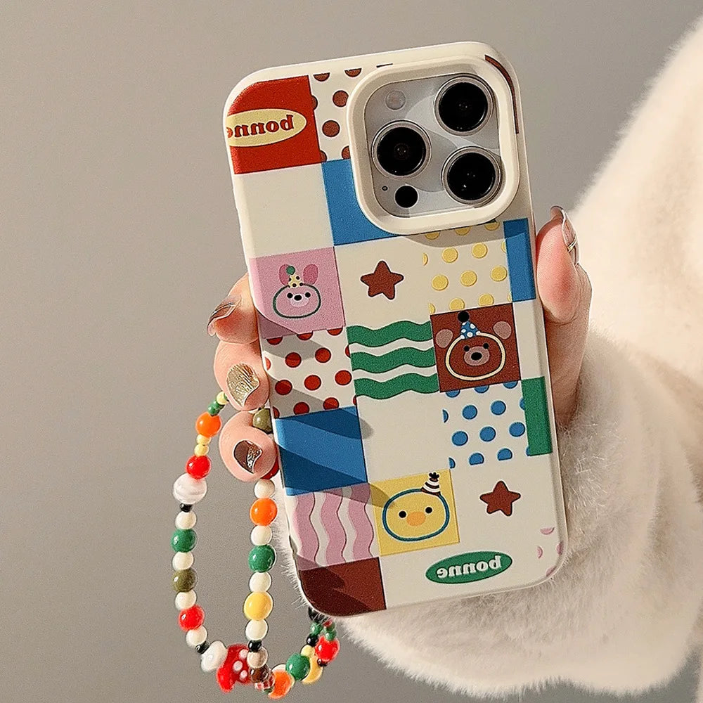 Cute Phone Cases For iPhone 16, 15, 14, 13, 12, 11 Pro Max, 16 Plus - Chocolate Bear, Pink Bunny Stripes, Dots Art - IC1440