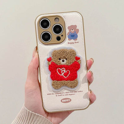 Cute Phone Cases For iPhone 16 Pro Max, 15, 13, 14 - Embroidered Heart &amp; Bear Pattern - Leather Cover - PC1421 - Touchy Style