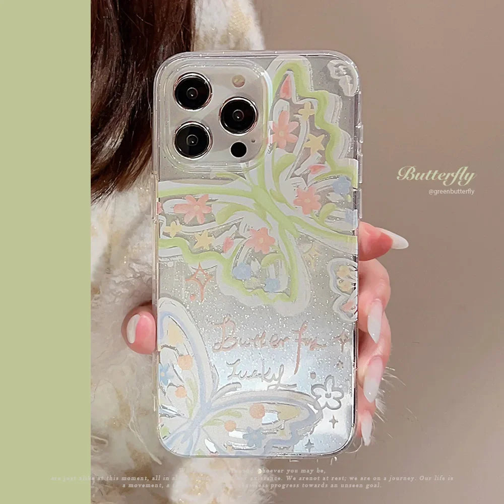 Cute Phone Cases For iPhone 16, 15, 14, 13, 12 Pro Max, 15, 14 Plus - Fairy Glitter Green Butterfly - Transparent Cover - IC1420