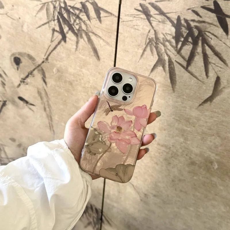 Cute Phone Cases For iPhone 16, 15, 14, 13, 12 Pro Max - Lotus leaf Flowers Chinese Style ink Painting Soft Cover - CC5311 - Touchy Style