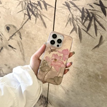 Cute Phone Cases For iPhone 16, 15, 14, 13, 12 Pro Max - Lotus leaf Flowers Chinese Style ink Painting Soft Cover - CC5311