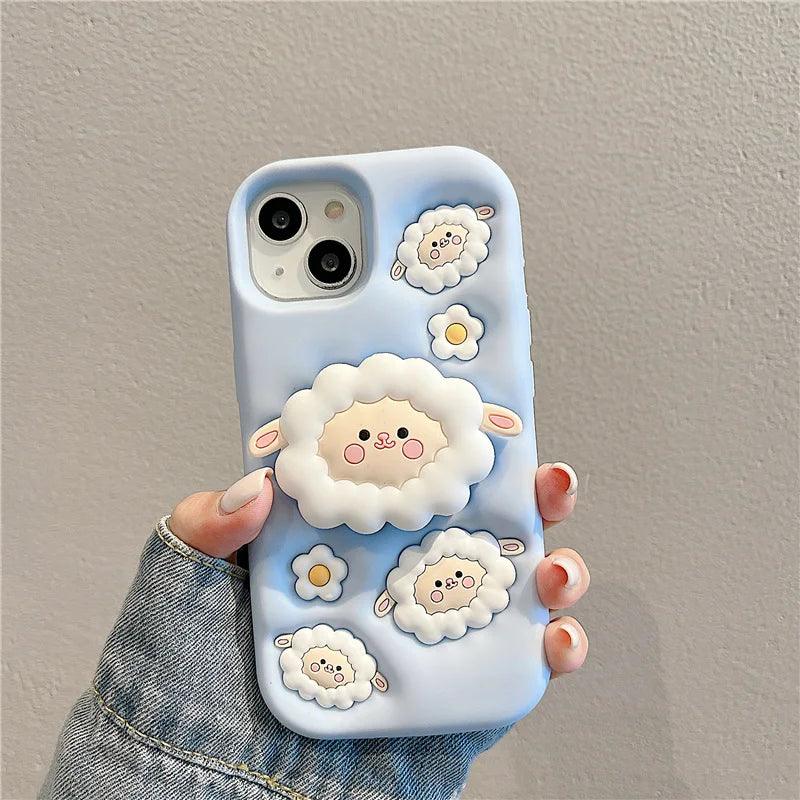 Cute Phone Cases For iPhone 15, 13, 14, 12 Pro Max, 11, and 14 Pro Max - White Sheep - Folding Stand Holder  - TSP253