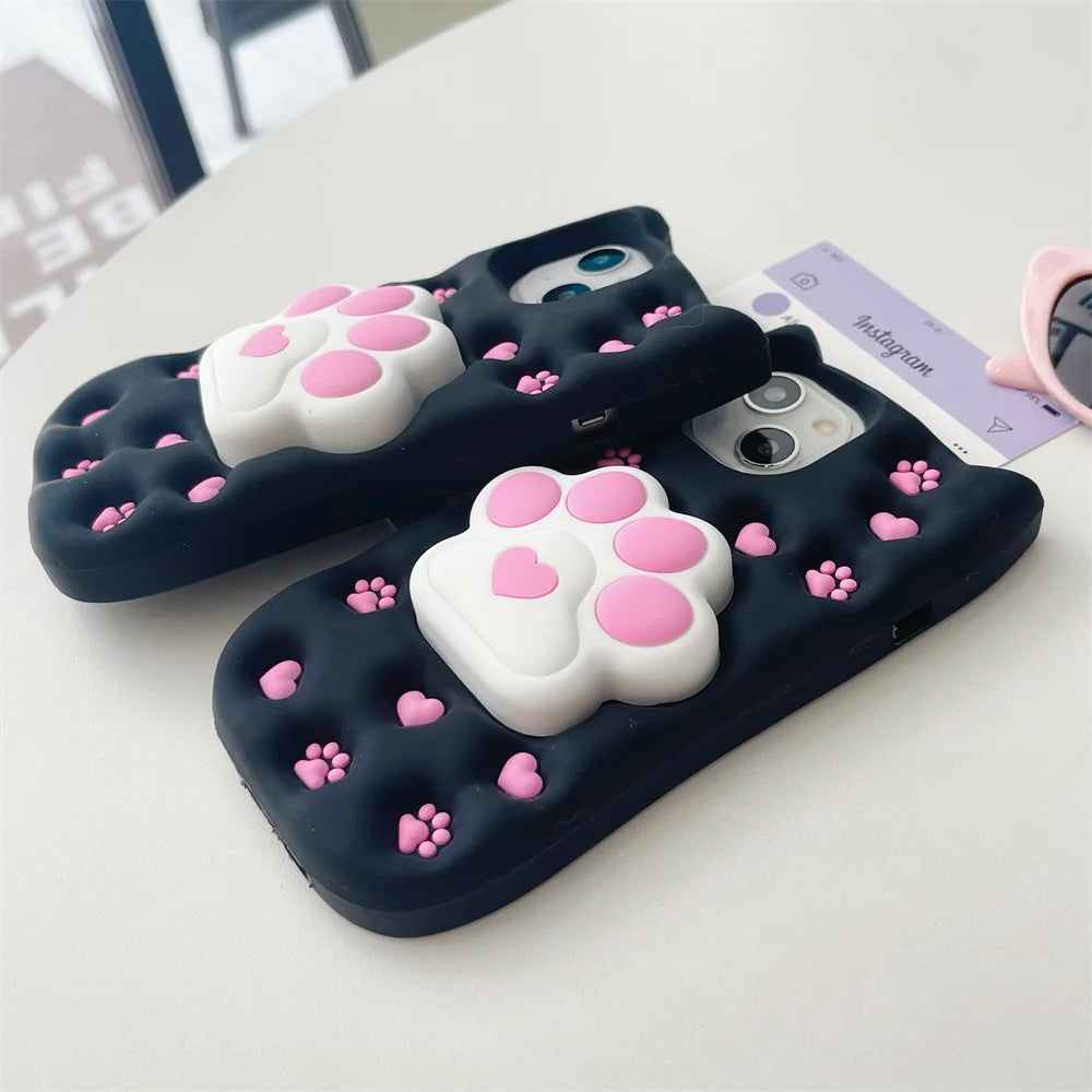 Cute Phone Cases: 3D Cat Paw Silicone Case with Stand for iPhone 15/14/13/12 Pro Max - TSP310