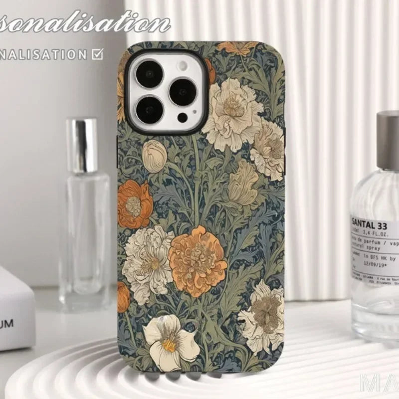 Cute Phone Cases For iPhone 16ProMax 15 14 13 12 11 PRO Plus - Vintage Floral Pattern - Acrylic TPU Cover