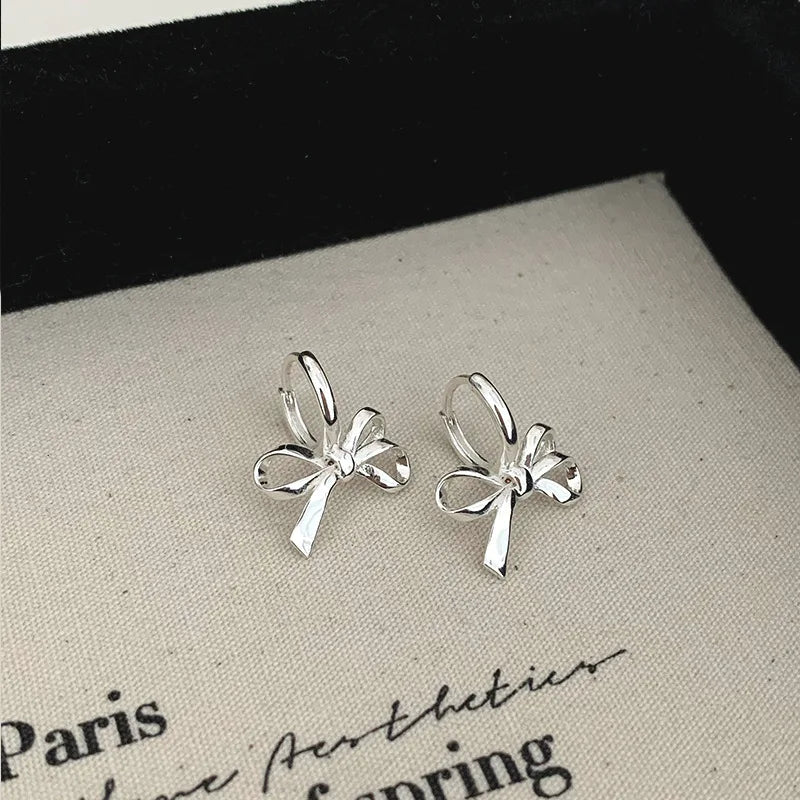 Hoop Earring Charm Jewelry - Silver Color Bowknot Hollowing - E8321