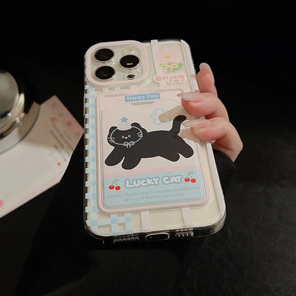 Cute Phone Cases For iPhone 16, 15, 14, 13, 12 Pro Max, Xr, 15 Plus - Cherry Party Black Cat Cartoon Cover - IC5190