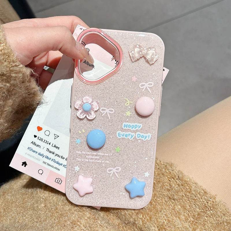 Cute Phone Cases For iPhone 16 Pro Max, 15, 14, 13 - 3D Stars Flowers Shining Back Cover Shell - PC1121 - Touchy Style