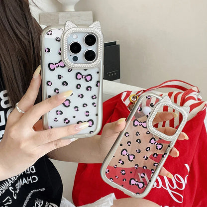 Cute Phone Cases: Leopard Bowknot Cat Ear Silver Case for iPhone 15/14/13/12 Pro Max - TSP313