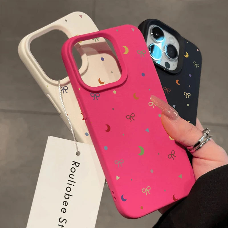 Cute Phone Cases For iPhone 11 12 13 14 15 16 Pro Max - Colorful Moon Bow Lichee Pattern - Silicone Cover