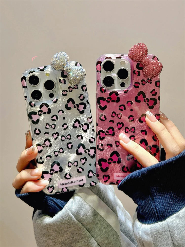 Cute Phone Cases: Stylish Leopard 3D Glitter Bow for iPhone 11-15 Pro Max - TSP317