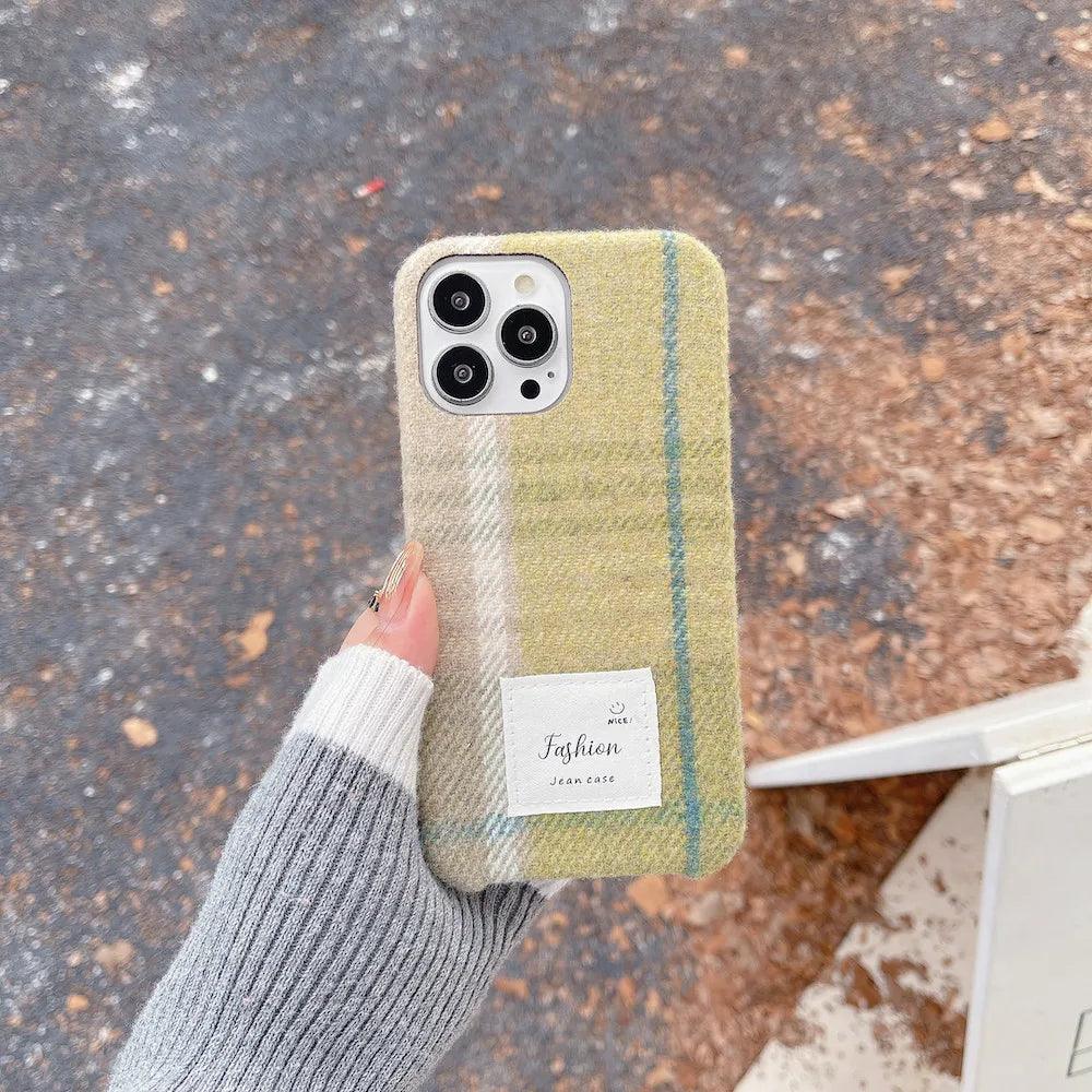 TSP80 Cute Phone Cases For iPhone 15, 11, 14 Pro Max, and 13, 12 - Stylish Woolen Plush Plaid Cover