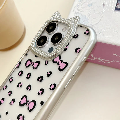 Cute Phone Cases: Leopard Bowknot Cat Ear Silver Case for iPhone 15/14/13/12 Pro Max - TSP313