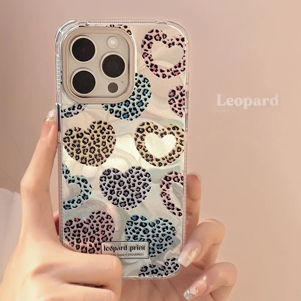 Cute Phone Cases: Leopard Print Love Heart IMD Silicone for iPhone 12-15 Pro Max - TSP299