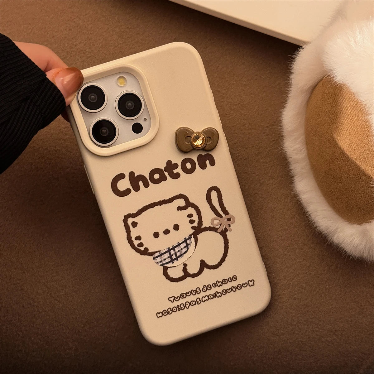 Cute Phone Cases for iPhone 16, 15, 14, 13, and 12 Pro Max with Hairball Bell Pendant - Sketch Cat - TSP436