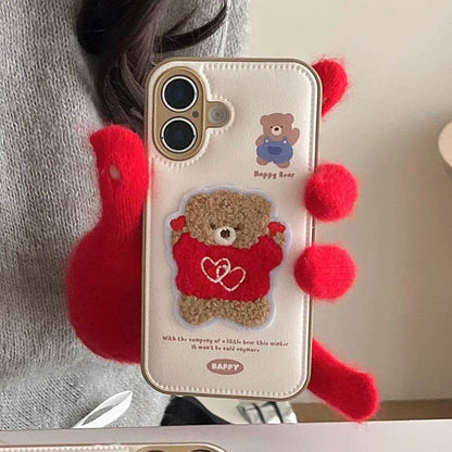 Cute Phone Cases For iPhone 16 Pro Max, 15, 13, 14 - Embroidered Heart &amp; Bear Pattern - Leather Cover - PC1421 - Touchy Style