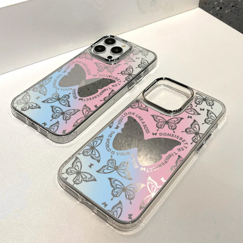 Cute Phone Cases: Lovely Butterfly Silver Mirror Back Cover with Cat Ears for iPhone 11-15 Pro Max - TSP288