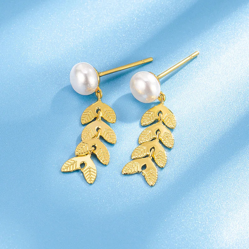 Drop Earrings Charm Jewelry - Golden Leafs with Pearl - TSJ139