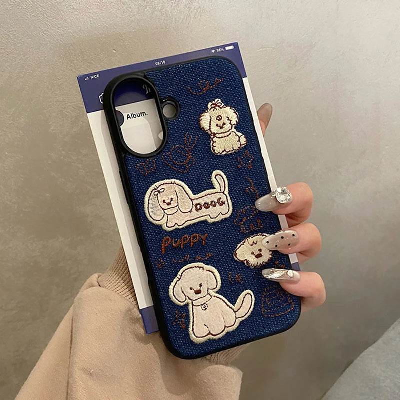 Cute Phone Cases For iPhone 16 Pro Max, 15, 13, 14, 12, 11 - Cartoon Embroidered Dog - Fabric Back Cover - PC9410 - Touchy Style