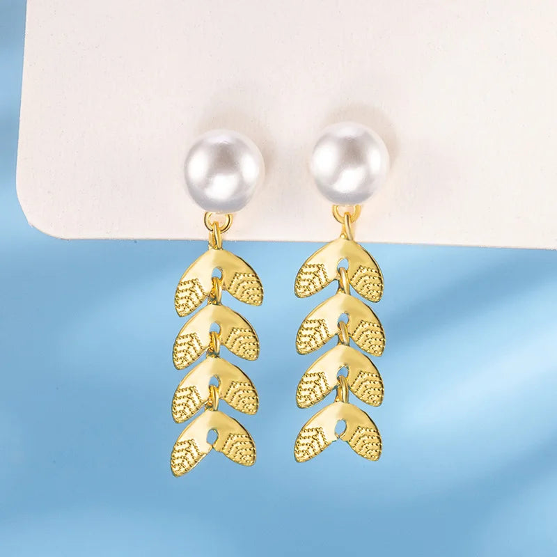 Drop Earrings Charm Jewelry - Golden Leafs with Pearl - TSJ139