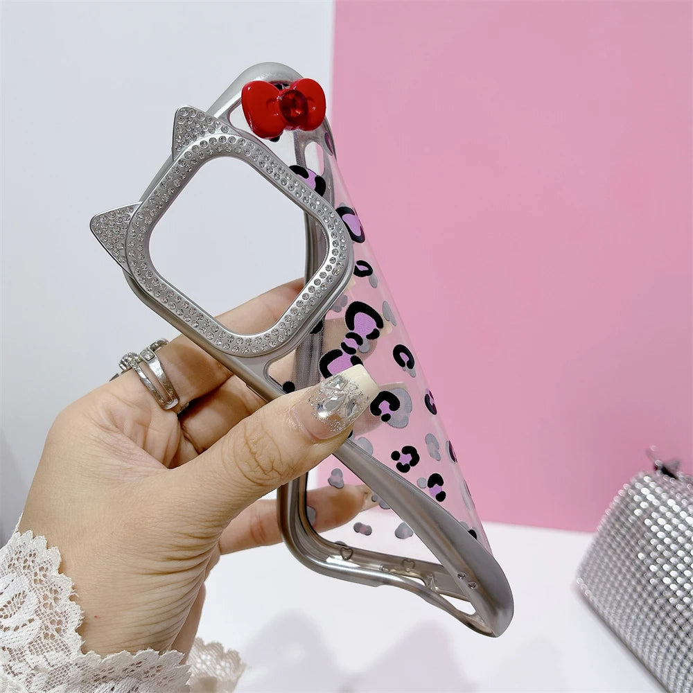 Cute Phone Cases: Leopard Bowknot Cat Ear Silver Case for iPhone 15/14/13/12 Pro Max - TSP313