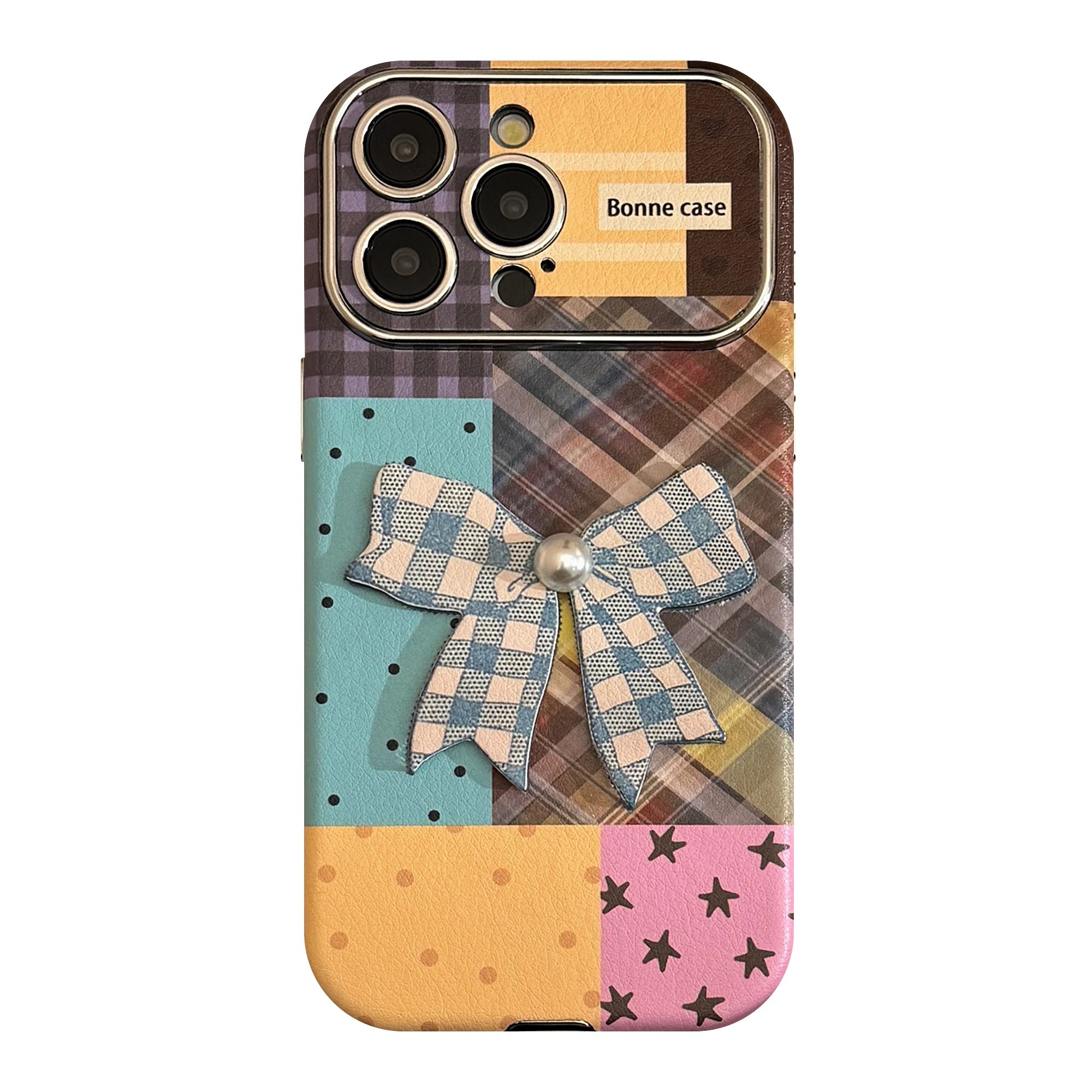 Cute Phone Cases iPhone 16, 15, 14, 13 Pro Max - Leather Texture Splicing Checker Bowknot Sticker Cover - PC3550