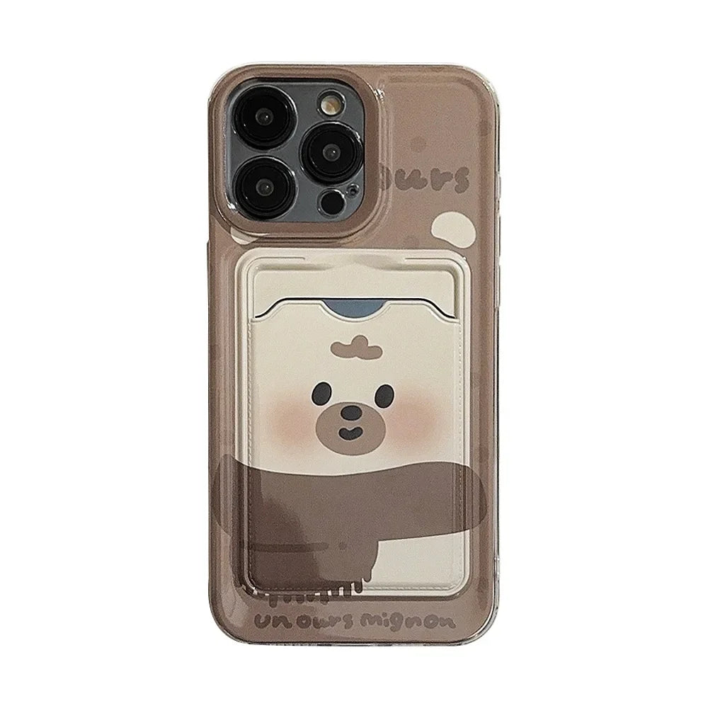 Cute Phone Cases For iPhone 16, 15, 14, 13, 12, 11 Pro Max, Xr, 16 Plus - Funny Photo Card Holder - Scarf Bear duck Pattern - IP6490