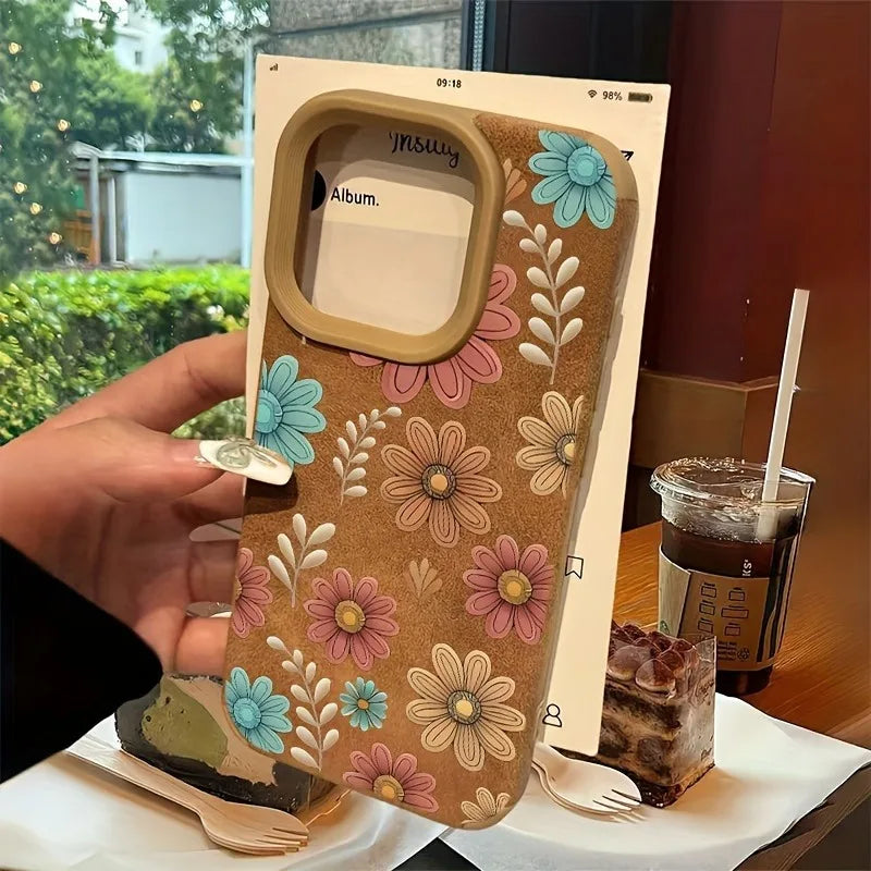 Cute Phone Cases For iPhone 16 15 14 13 12 11 Pro XS Max XR X 15 Plus 16 Pro Max - Line Flower Sunflower Pattern - Leather Matte Cover