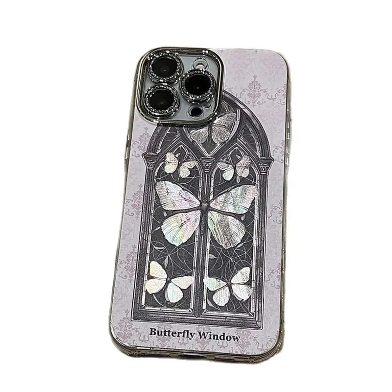 Cute Phone Cases for iPhone 12, 13, 14, and 15 Pro Max - Glitter Butterfly, Window Floral Back Cover - TSP460