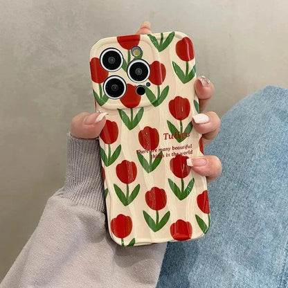 Cute Phone Cases For iPhone 11, 12, 13, 14, and 15 Pro Max - Beautiful Red Flower - Wavy Cover - TSP266