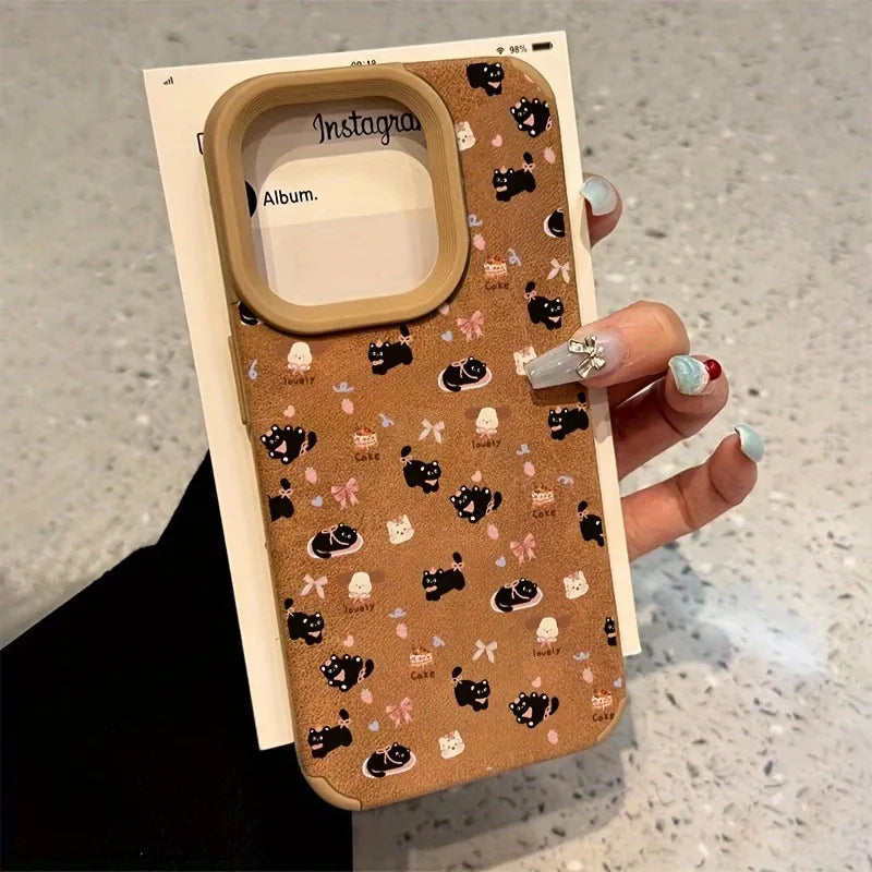 Cute Phone Cases For iPhone 11 12 13 14 15 16 Pro Max XS X XR 16 Plus - Dog Cat Suede Pattern - Leather Bumper Cover