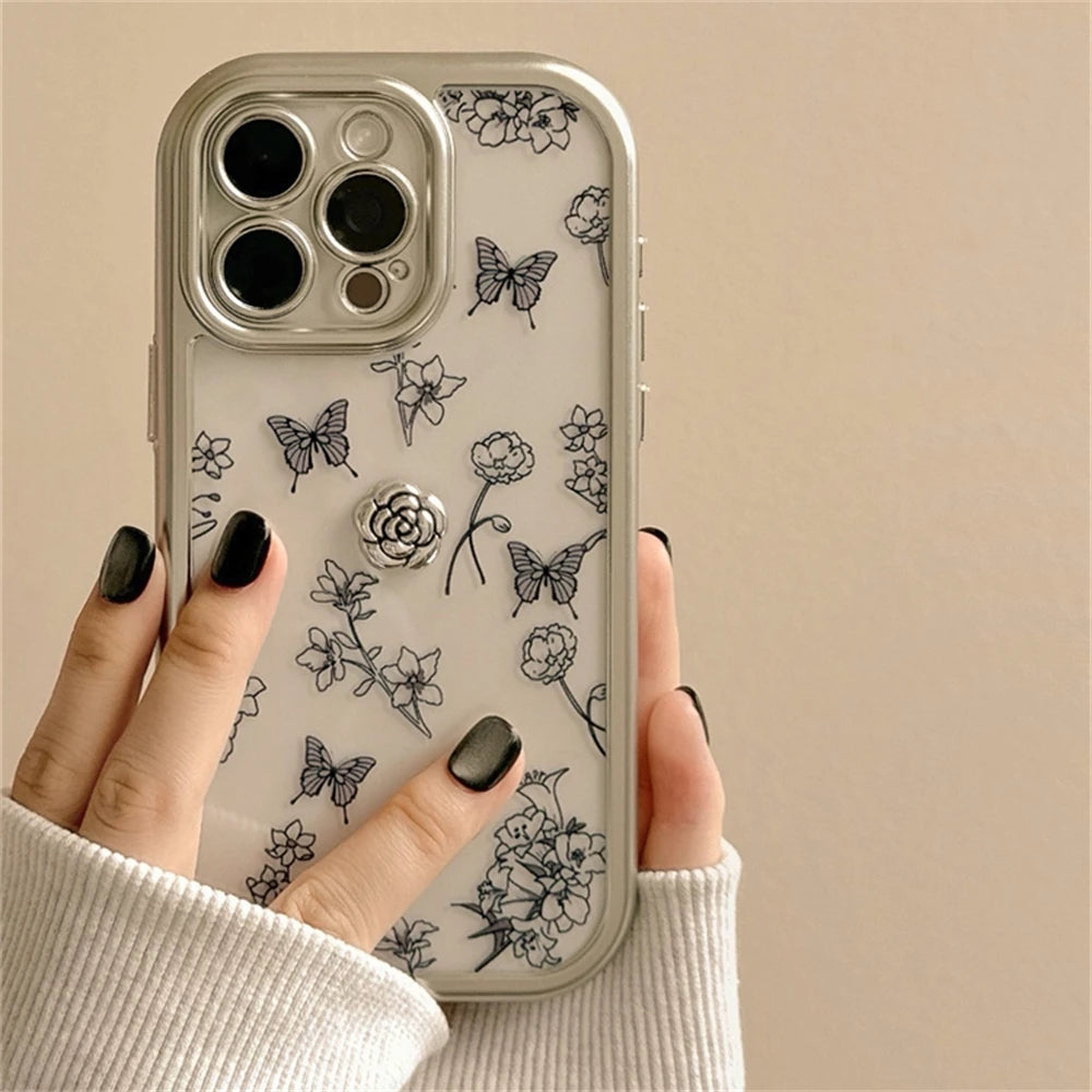 Cute Phone Cases: 3D Black Rose Flowers Silver Bumper Clear Back Cover for iPhone 11-15 Pro Max - TSP312-B