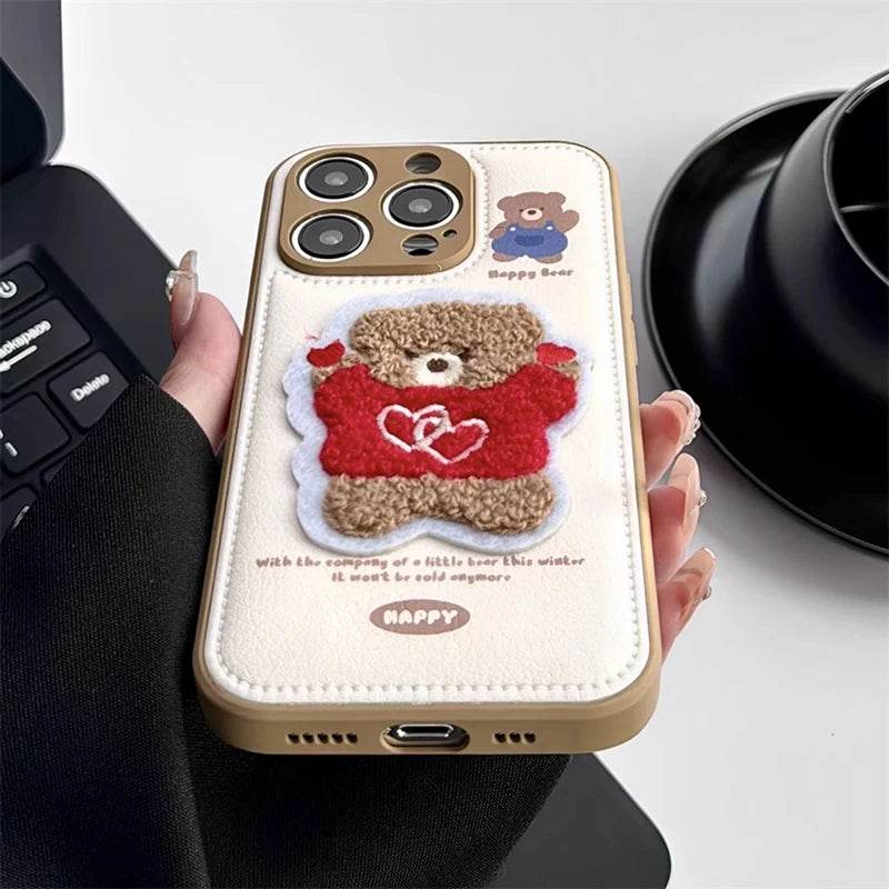 Cute Phone Cases For iPhone 16 Pro Max, 15, 13, 14 - Embroidered Heart &amp; Bear Pattern - Leather Cover - PC1421 - Touchy Style