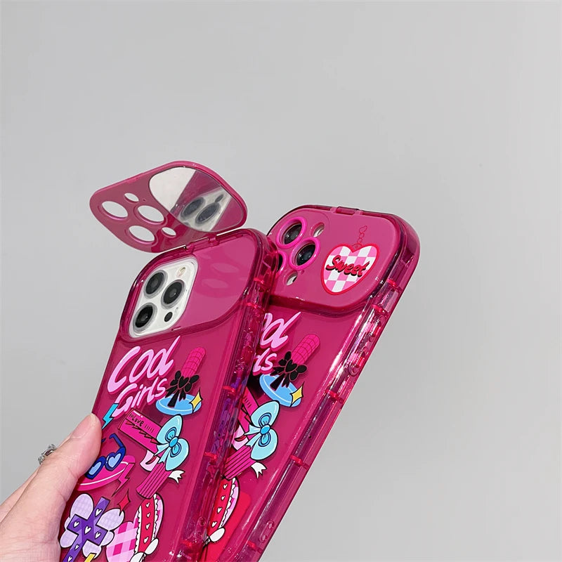 Cute Phone Cases For iPhone 14 Pro Max, 13, 12, 11, X, XR, XS, 7, 8 Plus, and SE3 - Girly Pattern with Flip Mirror Cover - TSP373