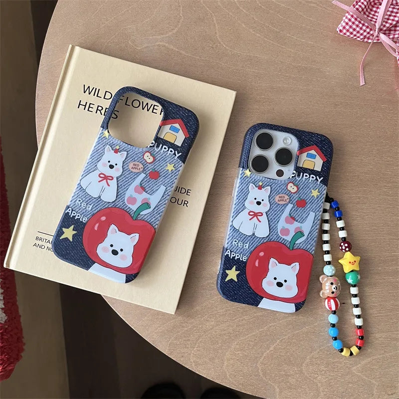 Cute Phone Cases For iPhone 16, 15, 14, 13, 12 Pro Max - Red Apple Hat Puppy Art - Cartoon Soft Cover - PC9211 - Touchy Style