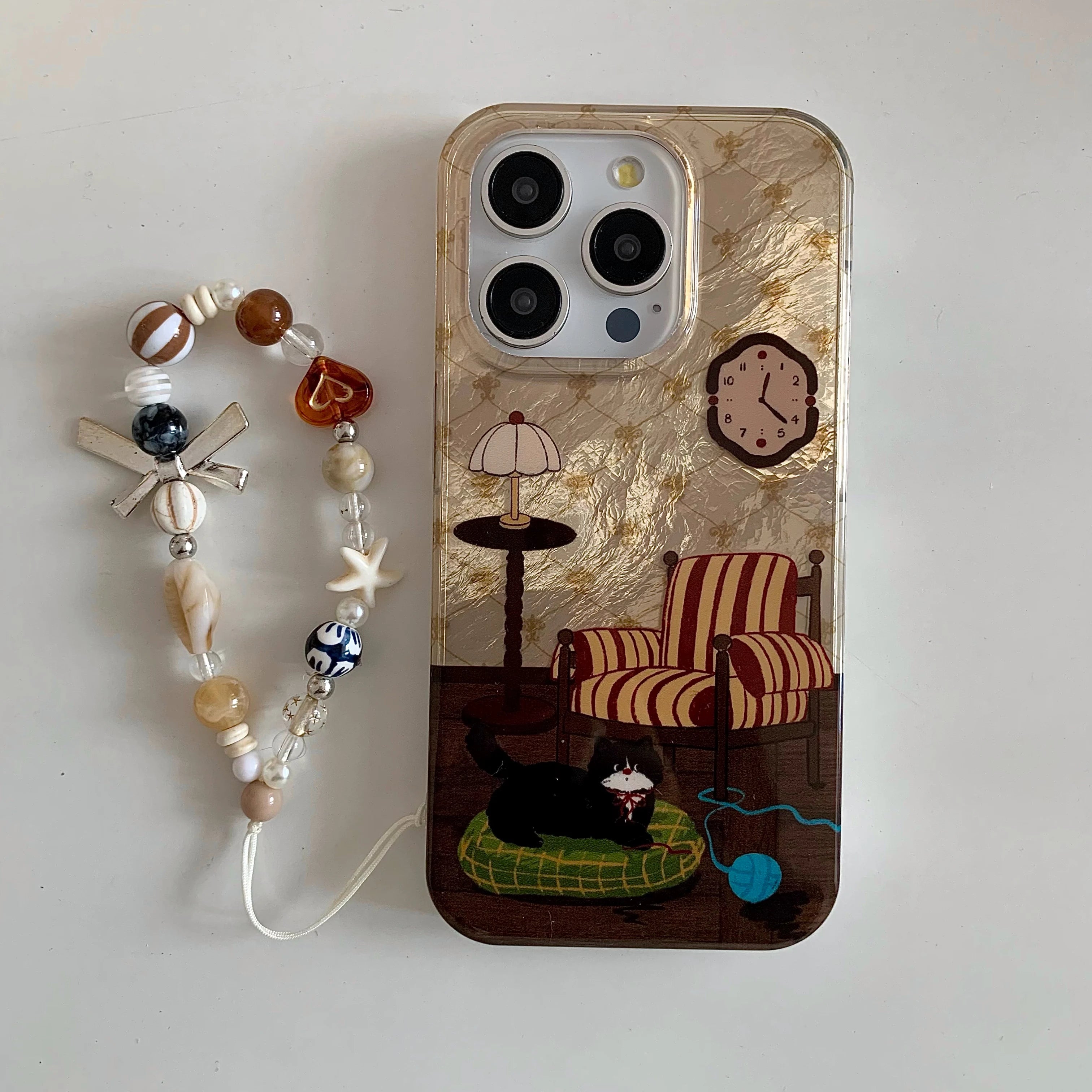 Cute Phone Cases For iPhone 16, 15, 14, 13 Pro Max - Vintage Lamp &amp; Cat Pattern Cover with Beaded Wrist Chain - PC6520