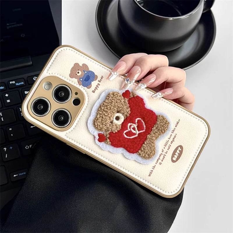 Cute Phone Cases For iPhone 16 Pro Max, 15, 13, 14 - Embroidered Heart &amp; Bear Pattern - Leather Cover - PC1421 - Touchy Style