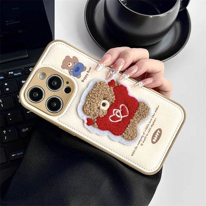 Cute Phone Cases For iPhone 16 Pro Max, 15, 13, 14 - Embroidered Heart &amp; Bear Pattern - Leather Cover - PC1421 - Touchy Style