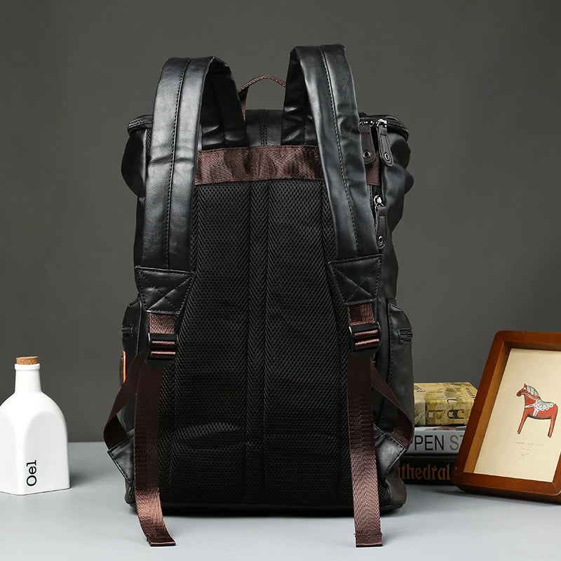 Black Pu Leather Cool Backpack For Men&