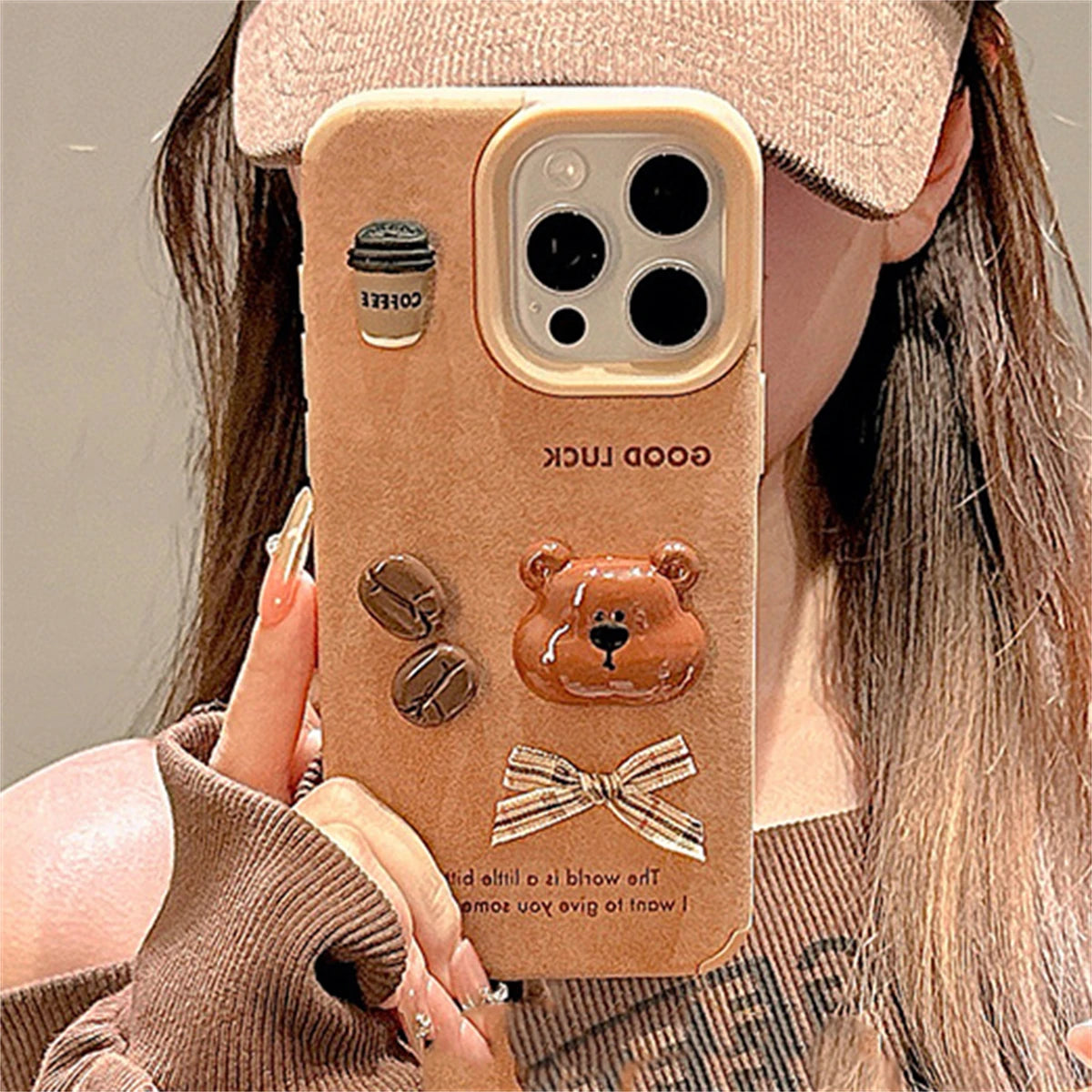 Cute Phone Cases For iPhone 13, 14, 15, and 16 Pro Max -  Cartoon 3D Bear, Coffee, and Bow Design - TSP444