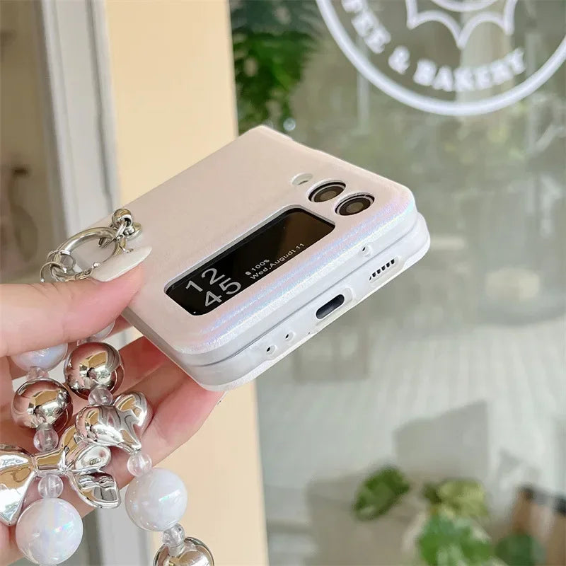 Cute phone Cases For Galaxy Z Flip 5 3 4 - Luxury Pearl Rhinestone Glitter Laser Cover with Wristchain - C5220