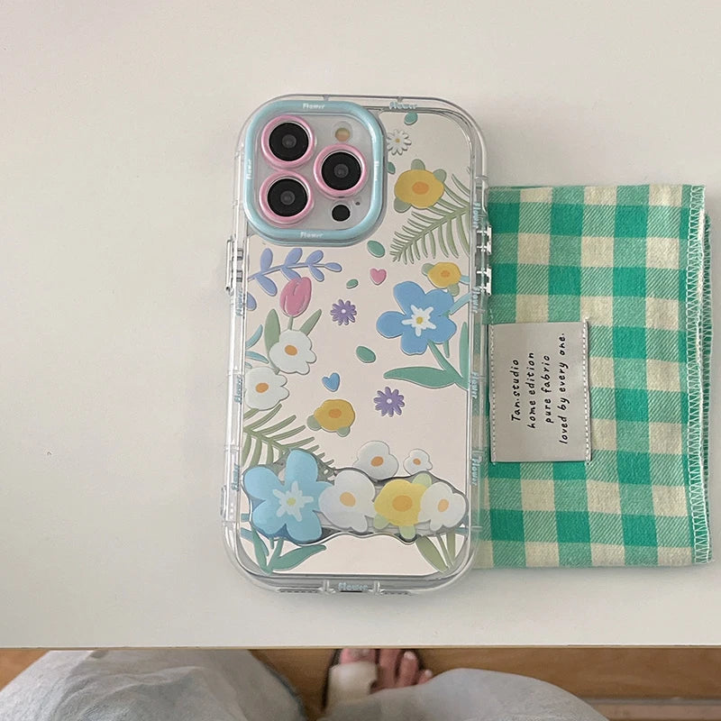 Cute Phone Cases - Floral Makeup Mirror with Stand for iPhone 15/14/13/12 Pro Max - TSP287