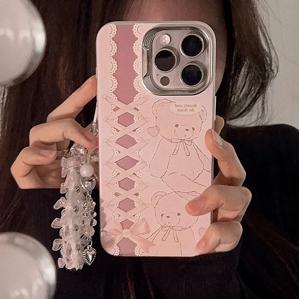 Cute Phone Cases For iPhone 15, 14, 13, 12 Pro Max, 14, 15 Plus, 11 - Cartoon Bear Bowknot Ribbon Pendant - PC5220