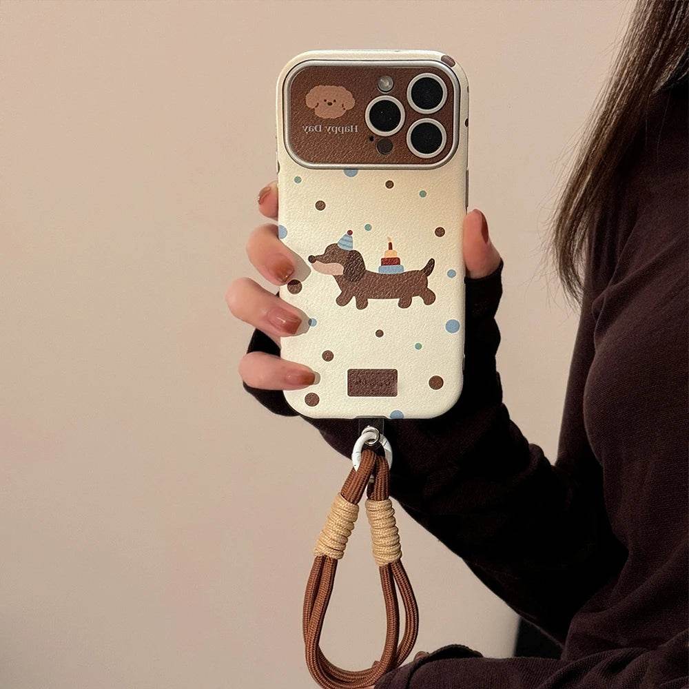 Cute Phone Cases For iPhone 16, 15, 14, 13 Pro Max - Leather Polka Dots Dog Back Cover with Wristchain - PC6411 - Touchy Style